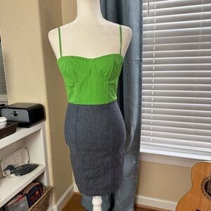 Alice + Olivia Green and Denim Bustier Dress Silk/Linen Blend Sz 4 (runs XS)
